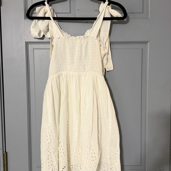 Altar’d State Cream Eyelet Midi Dress Smocked Bodice Tie Strap XS Cottagecore - Picture 3 of 6